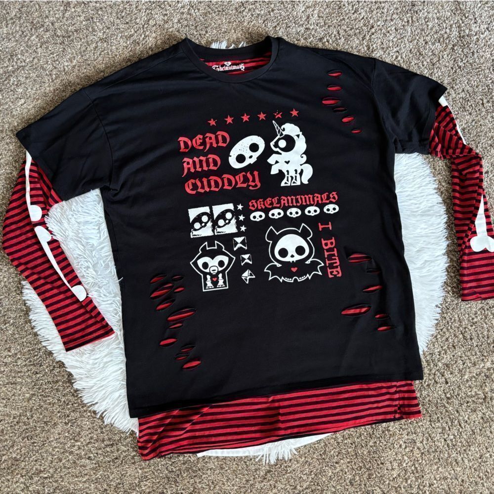 Skelanimals Shirt Long Sleeves Striped Bones‎ Red Black Mens Size Small
